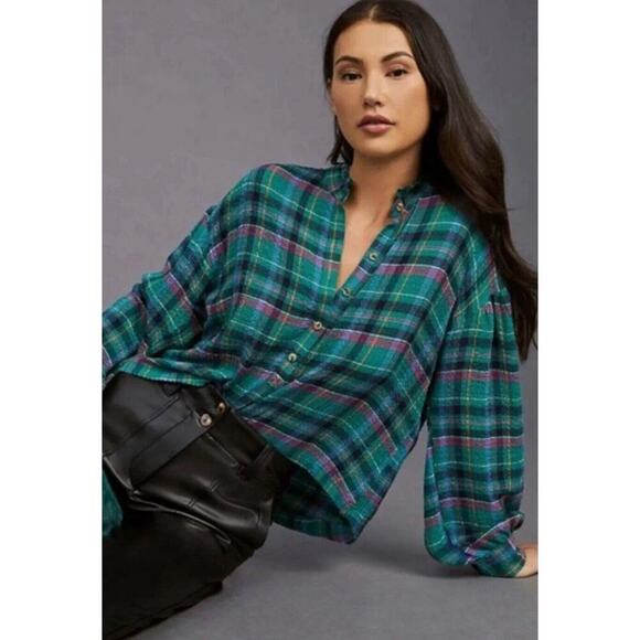 Pilcro Tops - Anthropologie Pilcro Cropped Puff-Sleeve Soft Crinkle Green Plaid Blouse Small